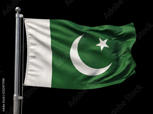фотографія A detailed Pakistani national flag waving gracefully on a metallic flagpole against a solid black studio background