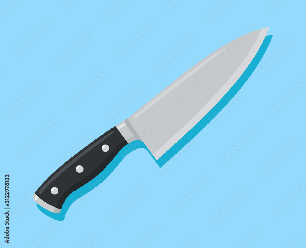 Obraz premium A sharp professional chefs knife with a black handle isolated on a bright light blue background