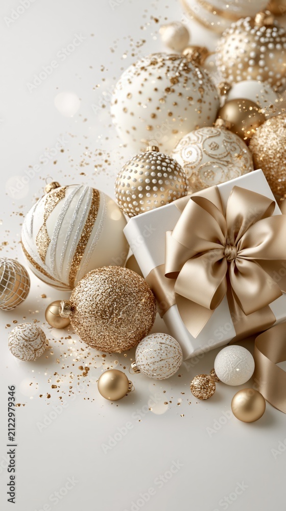 Obraz premium Elegant white and gold Christmas ornaments scattered around a gift box with a large satin bow on a white background.
