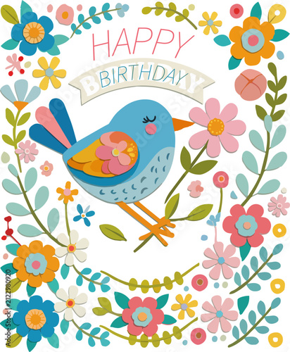 Whimsical Floral Happy Birthday Vector Illustration with Cute Bird