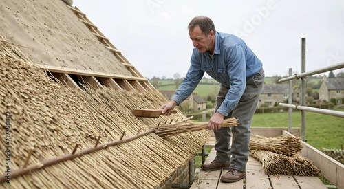 Skilled artisan thatcher layering water reed bundles on a roof. Man using traditional techniques and tools for historic building construction