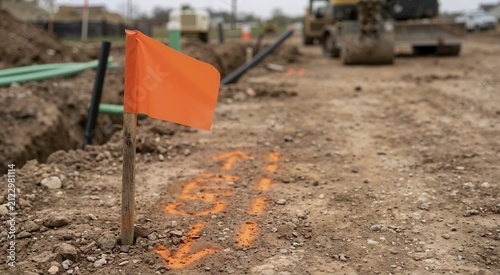 Orange utility locating flag and spray paint marks on dirt. Underground line marking at construction site with trench and machinery