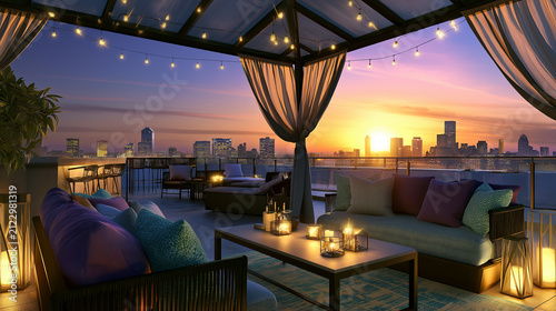 Luxury Rooftop Sunset Lounge with String Lights, Draped Cabana Seating, and Panoramic City Skyline Views