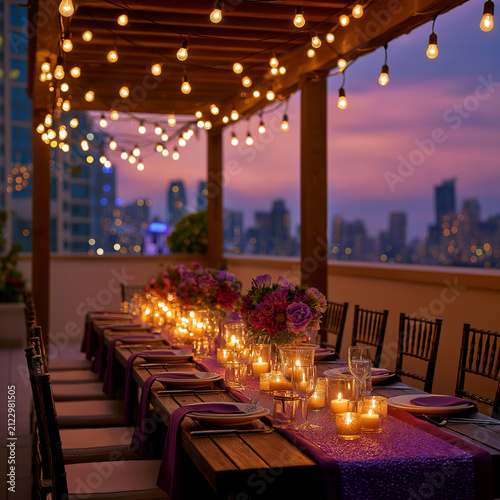 Elegant Rooftop Dinner Reception at Sunset with String Lights, Candlelit Tables, and City Skyline Views