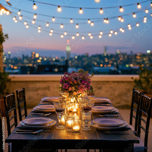 Romantic Rooftop Dinner Table with Candlelight, String Lights, and City Skyline at Twilight