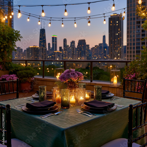 Elegant Rooftop Dinner for Two with Candlelight, String Lights, and City Skyline at Dusk