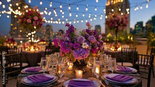 Luxury Rooftop Wedding Reception with Purple Floral Centerpiece, Candlelight, and String Lights Above City Skyline