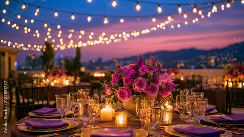 Luxury Rooftop Wedding Reception with Pink Rose Centerpiece, Candlelight, and String Lights at Sunset