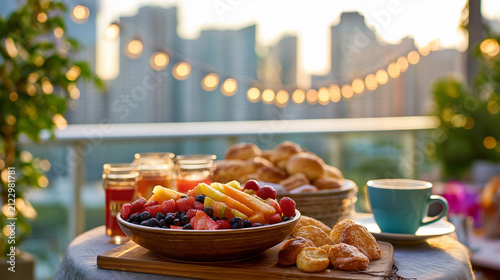 Luxury Rooftop Breakfast with Fresh Fruit, Pastries, and Coffee at Sunrise Over a Modern City Skyline