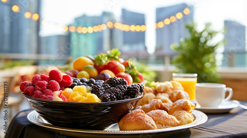 Luxury Rooftop Breakfast with Fresh Berries, Pastries, Coffee, and Orange Juice Overlooking Modern City Skyline