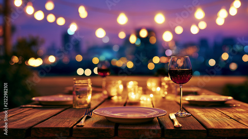 Luxury Rooftop Wine Dinner at Sunset with Candlelight, String Lights, and City Skyline Bokeh