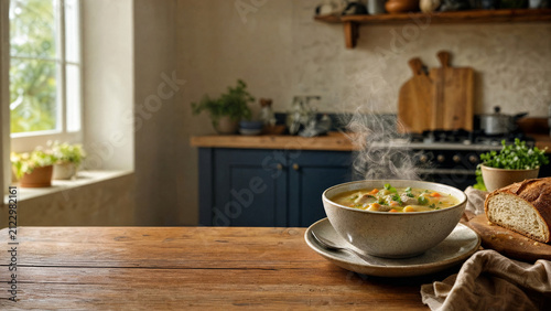 Warm soup sits on a table in a cozy kitchen with a view of plants