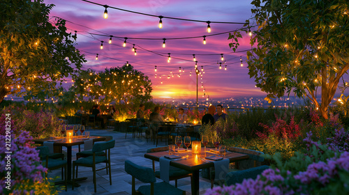 Luxury Rooftop Garden Restaurant at Sunset with String Lights and Panoramic City Skyline Views