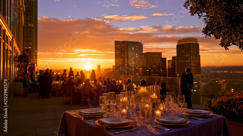 Executive Rooftop Gala Reception at Sunset with Luxury Banquet Dining and Downtown Skyline Views