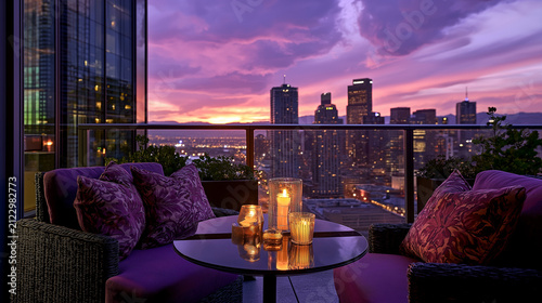 Luxury Residential Rooftop Amenity Lounge with Sunset Skyline Views and Contemporary Outdoor Living