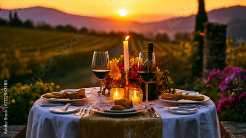 Romantic Vineyard Sunset Dinner with Wine Glasses, Candlelight, and Rolling Countryside Views