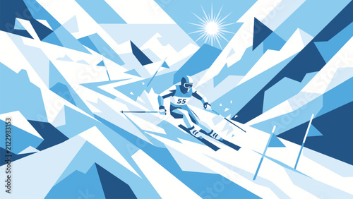 Obraz na płótnie Flat vector illustration of a skier descending snowy mountain slopes