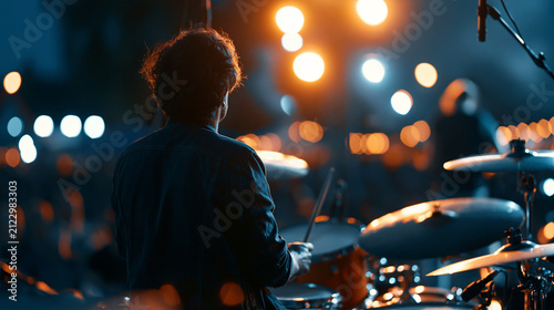 Faceless energetic drummer entertaining the concert crowd together with a creative rock band, famous headliners performing a live music performance at an open-air festival at