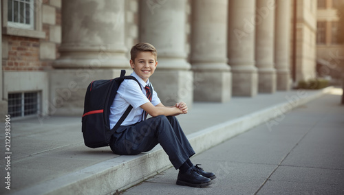 Portrait of a Happy Schoolboy in Uniform Sitting on Steps Outside Classical School Building with Backpack - Education and Back to School Concept