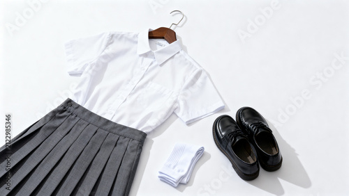 Japanese Girl's School Uniform Flat Lay with White Shirt, Grey Pleated Skirt, White Socks, and Black Loafers