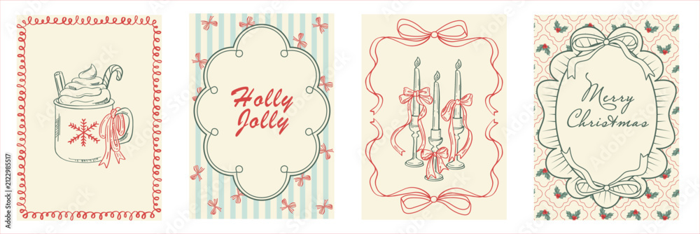 Fototapeta premium A hand drawn collection of elegant Christmas greeting cards featuring bows, candles, cocoa, and festive frames in a soft vintage coquette style for seasonal designs.