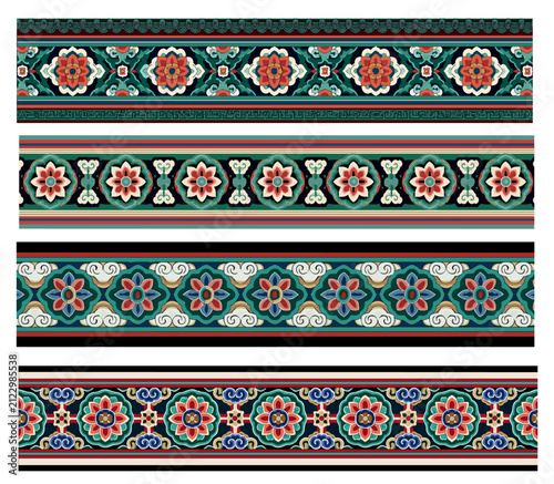 Traditional Korean Dancheong floral and geometric pattern decorative borders set