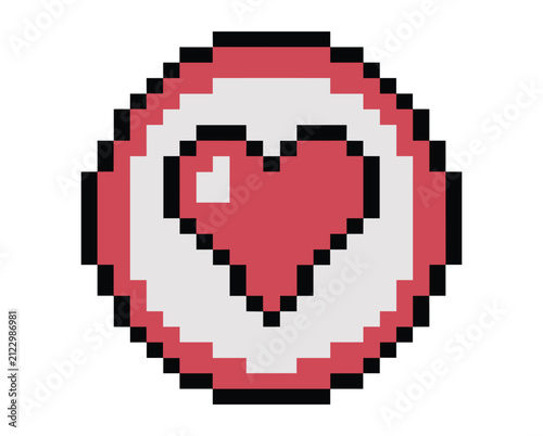 Принти на полотні Pixelated Heart Icon: A vibrant pixel art illustration of a heart symbol, rendered in red and white, encased within a circular border, representing love and affection