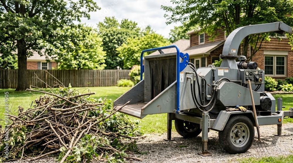 Fototapeta premium Industrial wood chipper processing branches in a sunny residential backyard, preparing for landscaping or debris removal