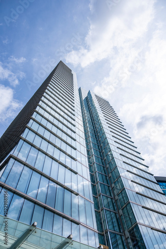 Towering corporate skyscraper photographed from street level in Brussels, showcasing elegant curtain wall glazing, soaring proportions and modern European office architecture with spacious sky.