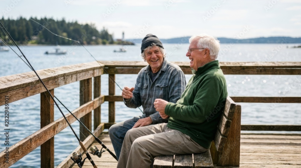 Fototapeta premium Two senior friends laugh while fishing on a wooden pier, enjoying a sunny day by the water