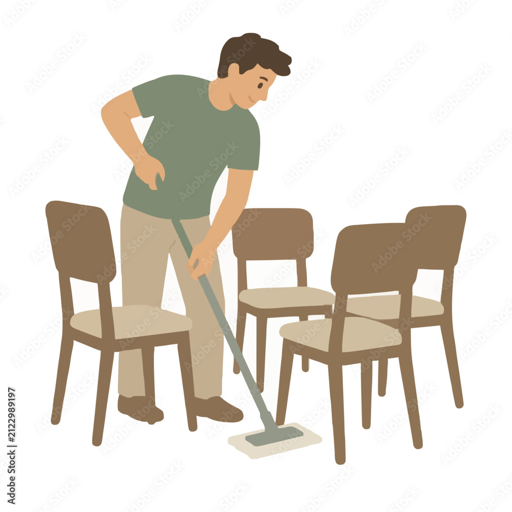 Fototapeta premium Hand-traced flat vector illustration of a man mopping the floor around dining chairs with a sponge mop, cleaning service concept icon