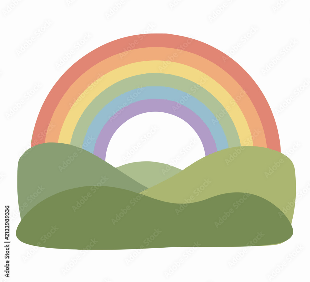 Fototapeta premium Hand-traced vector illustration of a soft pastel rainbow arching gracefully over layered rolling green hills, featuring a serene countryside landscape in flat minimalist style