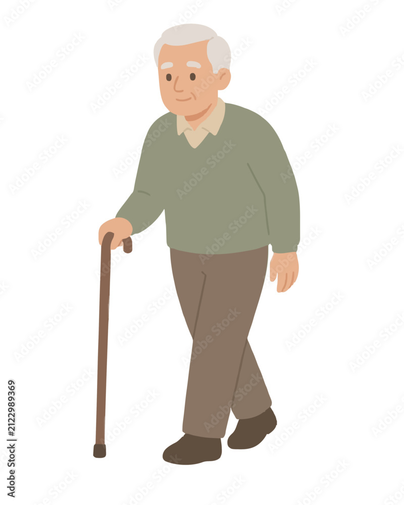Fototapeta premium Elderly gentleman walking with wooden cane, flat hand-traced vector illustration in soft pastel colors showing senior male with white hair and friendly smile