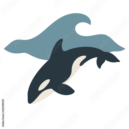 Stylized vector illustration of a majestic orca whale diving beneath a curling ocean wave, hand-drawn style with deep navy and soft blue tones, isolated on a clean white background, perfect marine