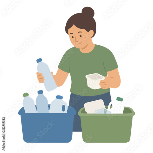 Hand-drawn vector illustration of a woman sorting plastic containers and bottles into recycling bins for eco-friendly waste management and environmental sustainability
