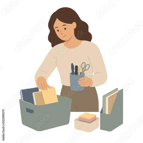 Smiling woman organizing office supplies in a flat vector illustration, sorting notebooks, sticky notes, scissors, and pens into a pastel storage bin at her tidy desk workspace