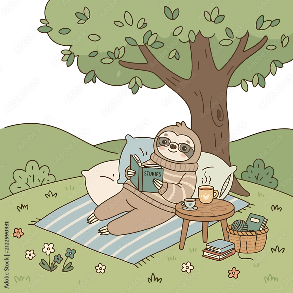 Fototapeta premium Cute sloth reading a book while relaxing under a tree in the meadow.