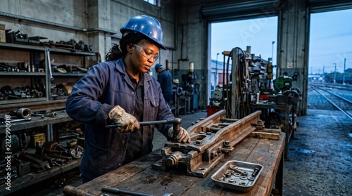 Tradeswoman repairs a turnout mechanism in a rail workshop