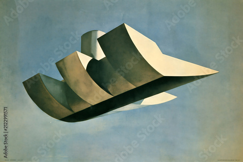 Abstract geometric sculpture with curved metal planes floating against a soft blue