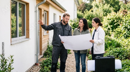 Retrofit team plans an efficient home energy upgrade outdoors