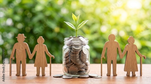 Retirement savings concept with wooden elderly silhouettes and plant growing in a coin glass jar