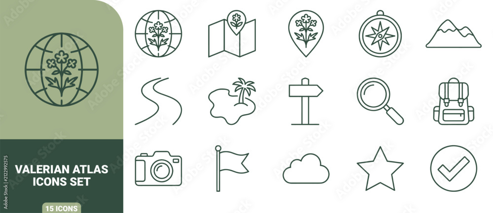 Fototapeta premium Valerian atlas icons set featuring line symbols for travel, geography, maps, navigation, and nature line atlas
