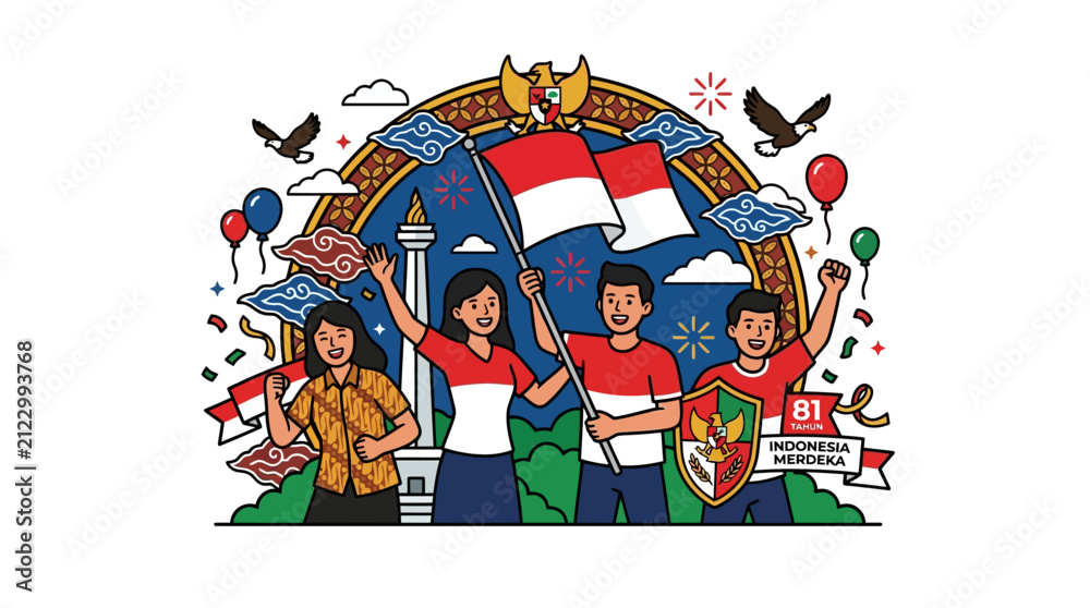 Fototapeta premium indonesian people celebrating independence day with flags and national symbols