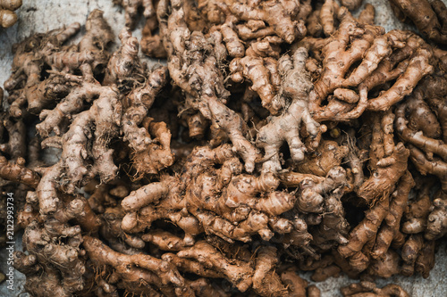 Fresh galangal root at Luang Prabang market in Laos