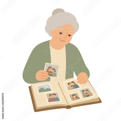 Elderly grandmother organizing family photo album vector illustration showing nostalgic senior woman with gray hair bun browsing cherished memories and vintage photographs in scrapbook