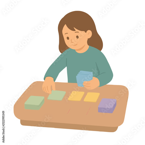 Smiling girl at wooden table organizing colorful flashcards for study session in cheerful hand-drawn vector illustration style, vibrant flat cartoon character with brown hair and teal sweater