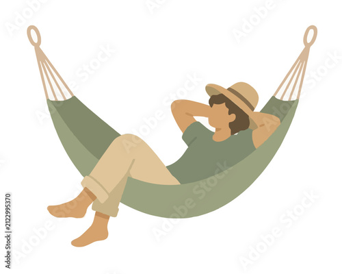 Serene traveler resting in a swaying green hammock vector illustration icon, hat shading relaxed figure lounging between ropes in tranquil vacation scene, hand-traced flat style, restful holiday mood