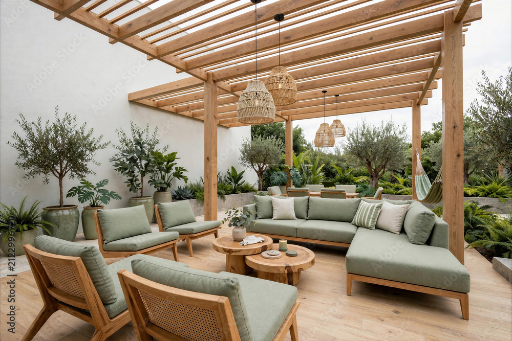 Fototapeta premium Modern luxury patio garden with wooden pergola, sage green outdoor furniture set, and comfortable sofa area for outdoor living