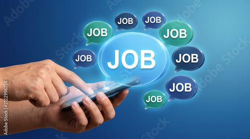 Man Using Smartphone for Job Search App with Hologram Speech Bubbles Graphic, Mobile Employment Recruitment Opportunity and Digital Human Resources Hunting Vacancy Concept