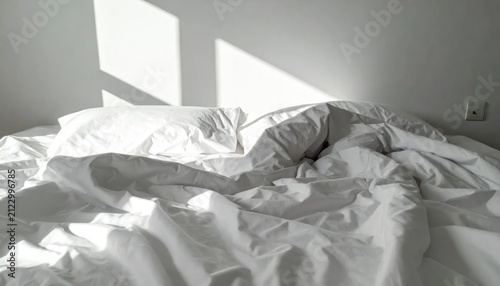 Unmade White Bed Lit by Morning Sunlight in Minimal Bedroom
